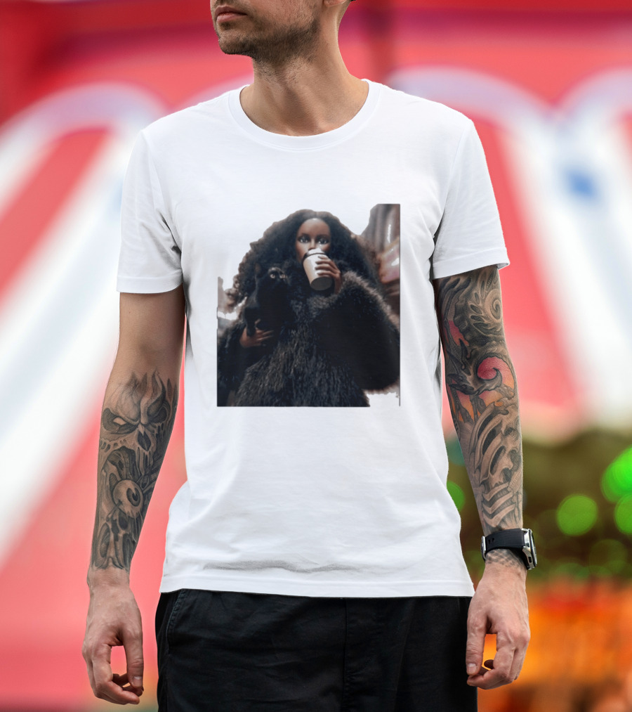 Diana's Cat Club Fashionable Coffee Moment With Furry Coat And Black Cat T-Shirt