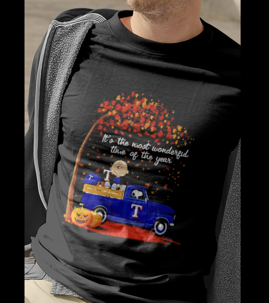 Snoopy Charlie Brown Texas Rangers Halloween 2026 It's The Most Wonderful Time Of The Year Truck Pumpkins T-Shirt
