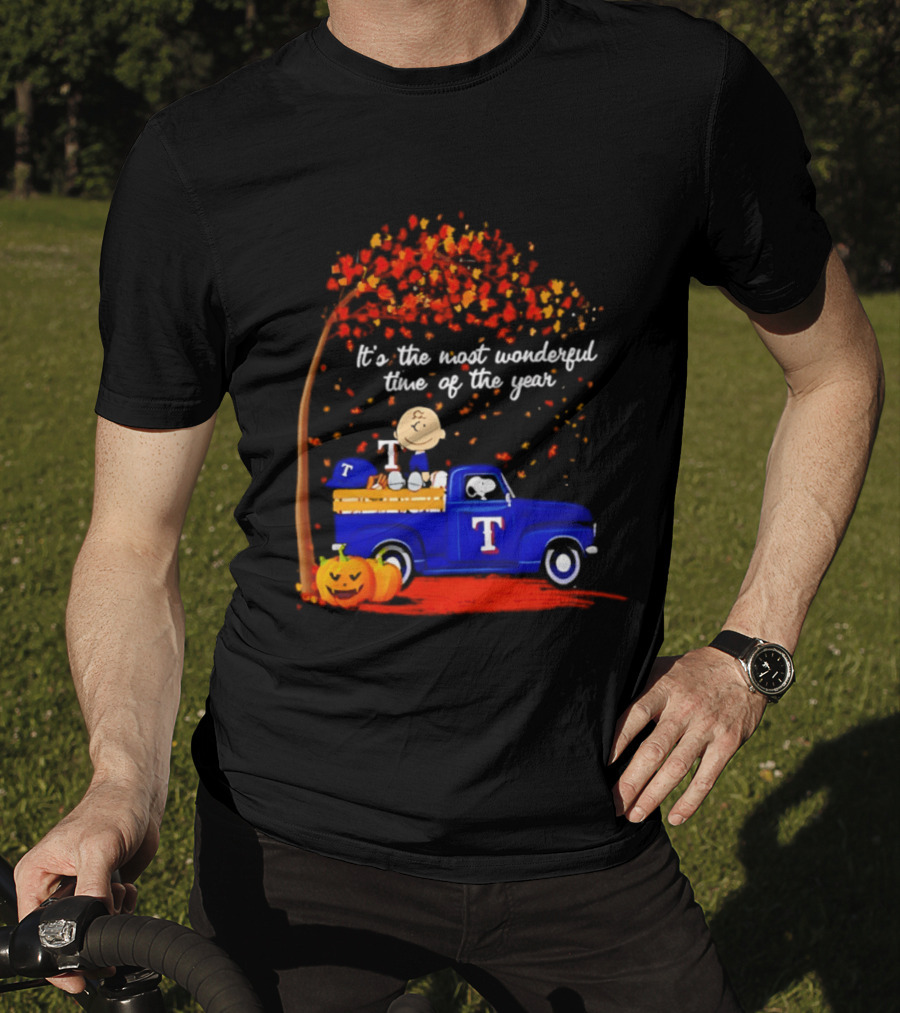Snoopy Charlie Brown Texas Rangers Halloween 2026 It's The Most Wonderful Time Of The Year Truck Pumpkins T-Shirt