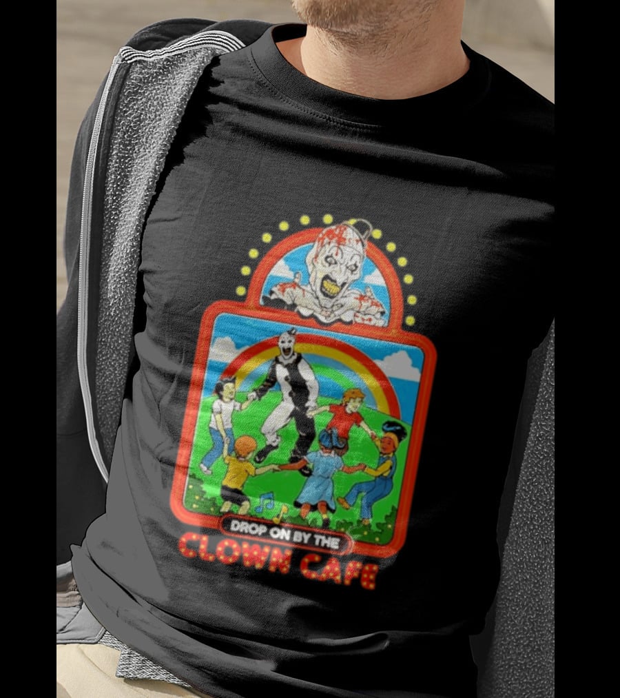 Drop On By The Clown Cafe Creepy Clown Horror With Rainbow And Dancing Kids T-Shirt