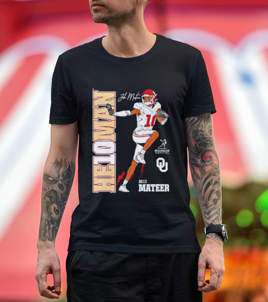 HE10MAN J Mateer Oklahoma Sooners Heisman Stance Player Number 10 T-Shirt