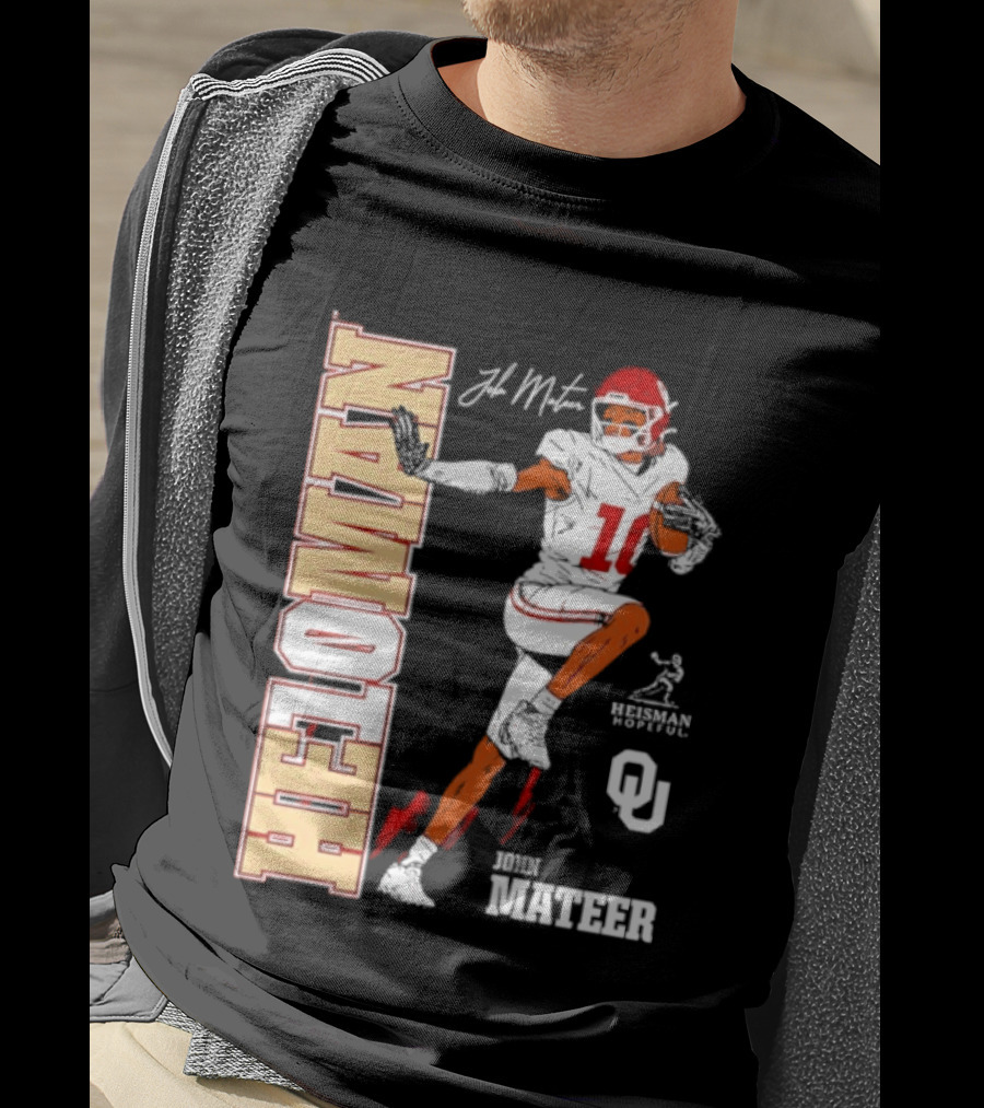 HE10MAN J Mateer Oklahoma Sooners Heisman Stance Player Number 10 T-Shirt