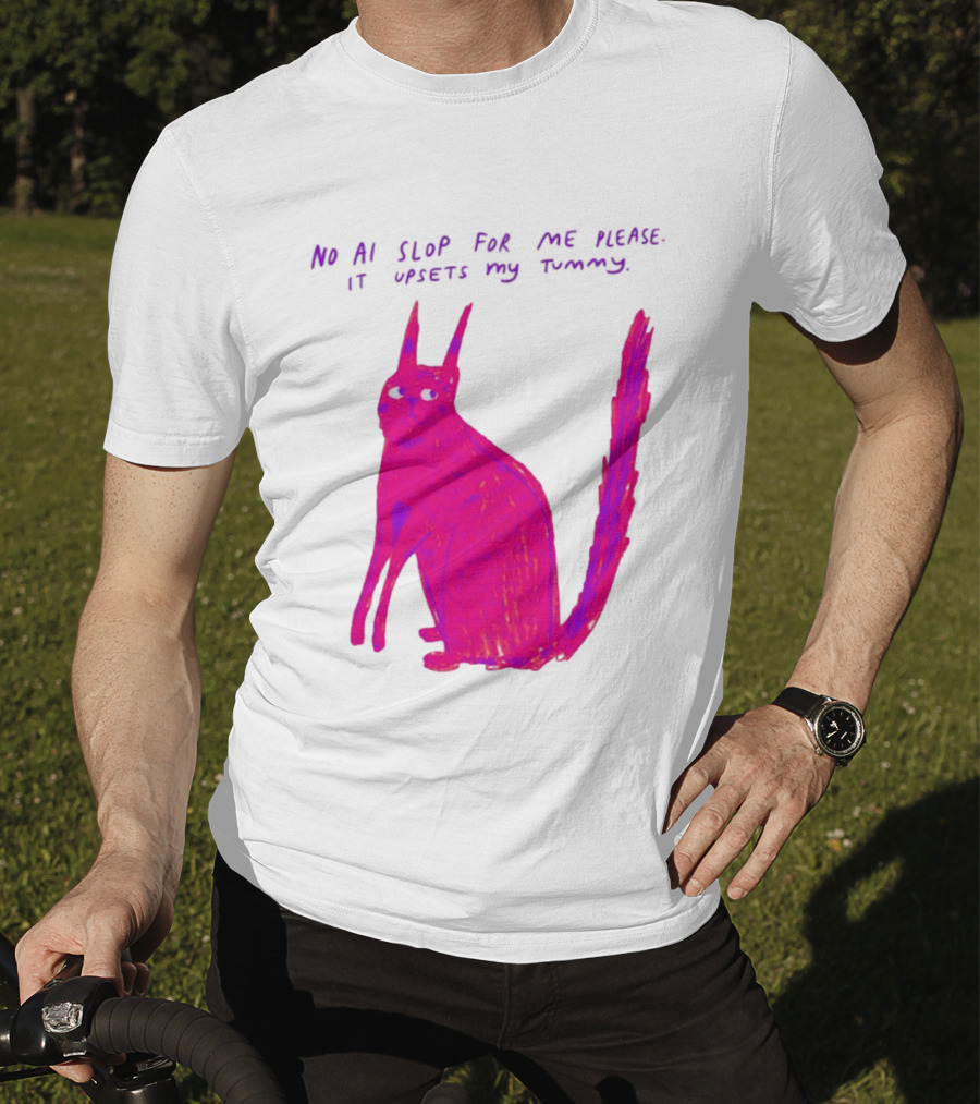 No AI Slop For Me Please It Upsets My Tummy Pink Cat T-Shirt
