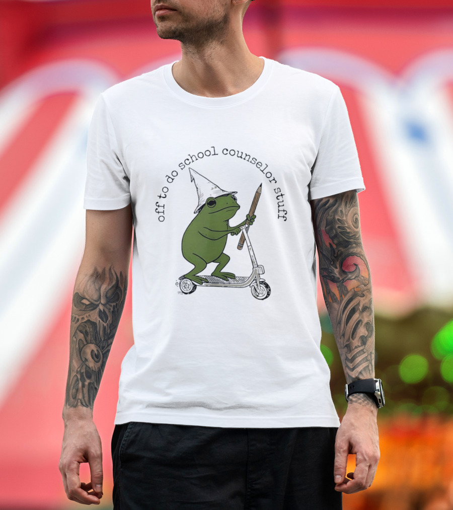 Frog Off To Do School Counselor Stuff With Wizard Hat Riding Scooter T-Shirt