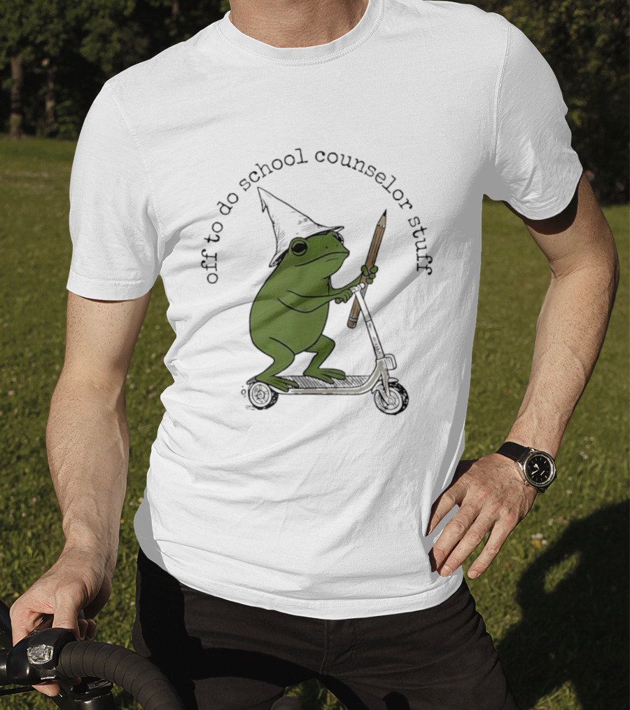 Frog Off To Do School Counselor Stuff With Wizard Hat Riding Scooter T-Shirt