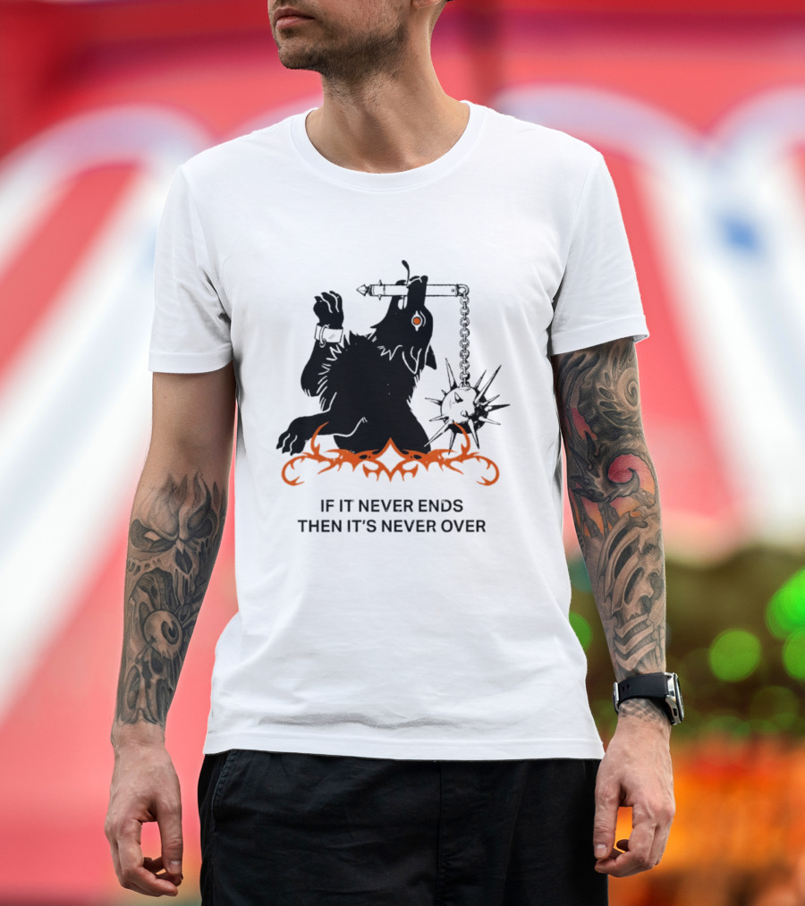 If It Never Ends Then It's Never Over Gothic Skeleton Warrior With Spiked Mace And Orange Flames T-Shirt