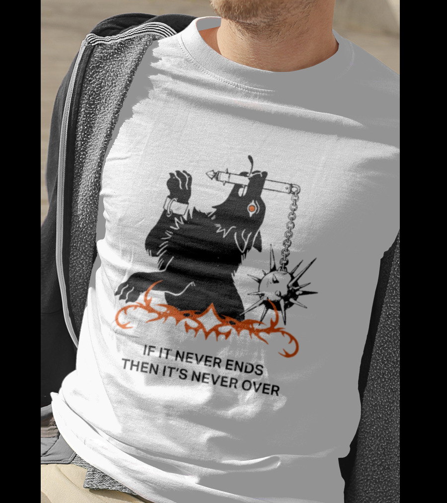 If It Never Ends Then It's Never Over Gothic Skeleton Warrior With Spiked Mace And Orange Flames T-Shirt