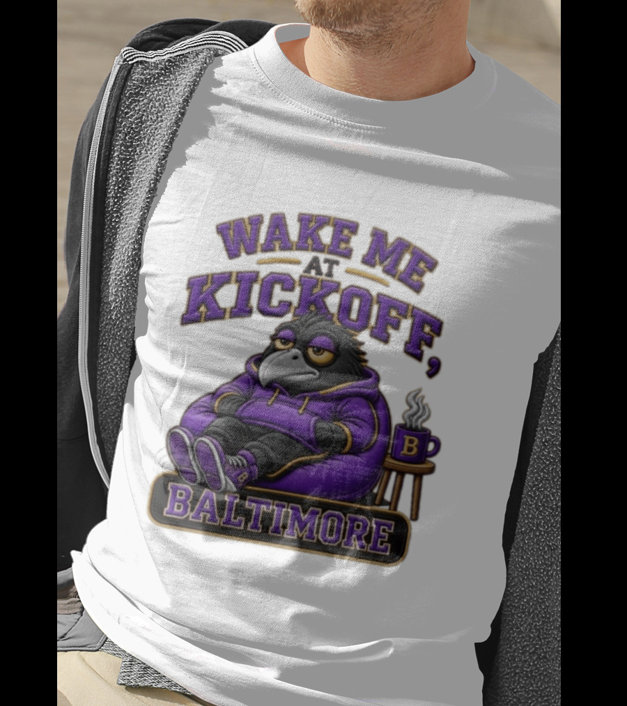 Wake Me At Kickoff Baltimore Purple Bird With Coffee T-Shirt