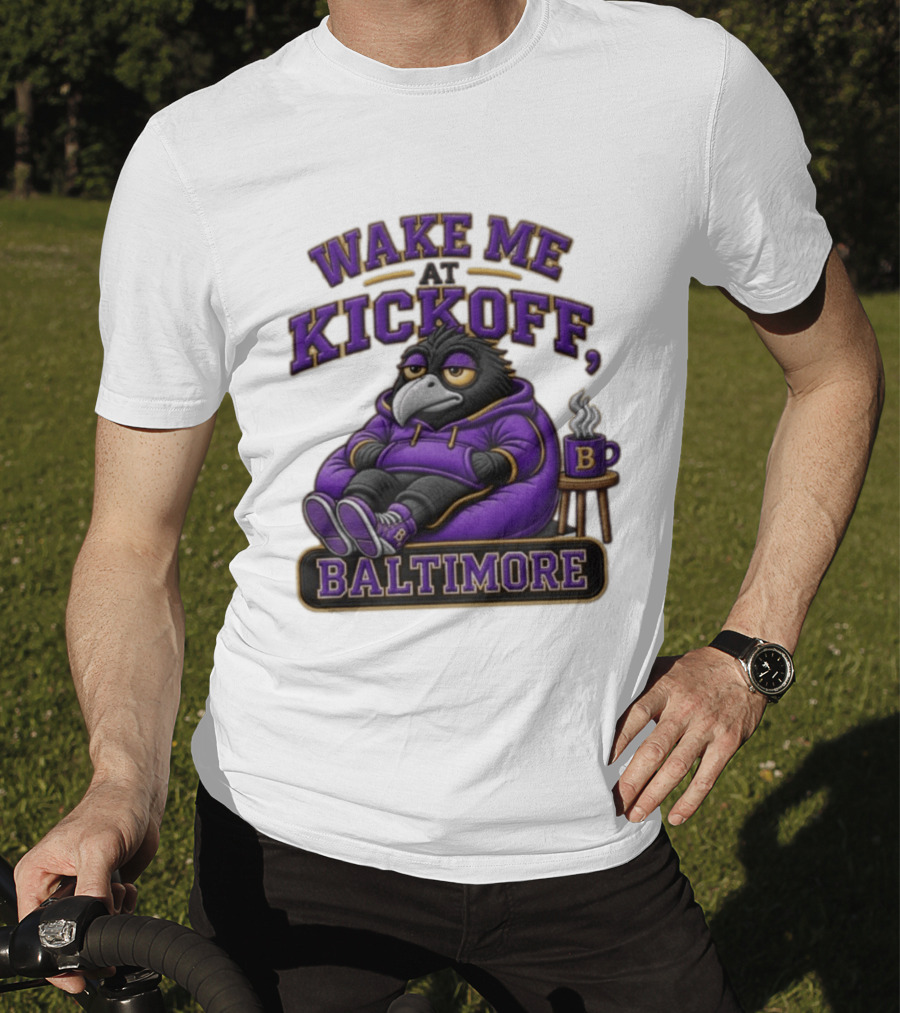 Wake Me At Kickoff Baltimore Purple Bird With Coffee T-Shirt