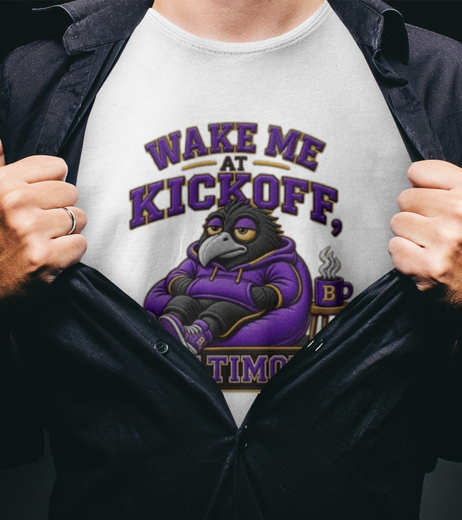 Wake Me At Kickoff Baltimore Purple Bird With Coffee T-Shirt