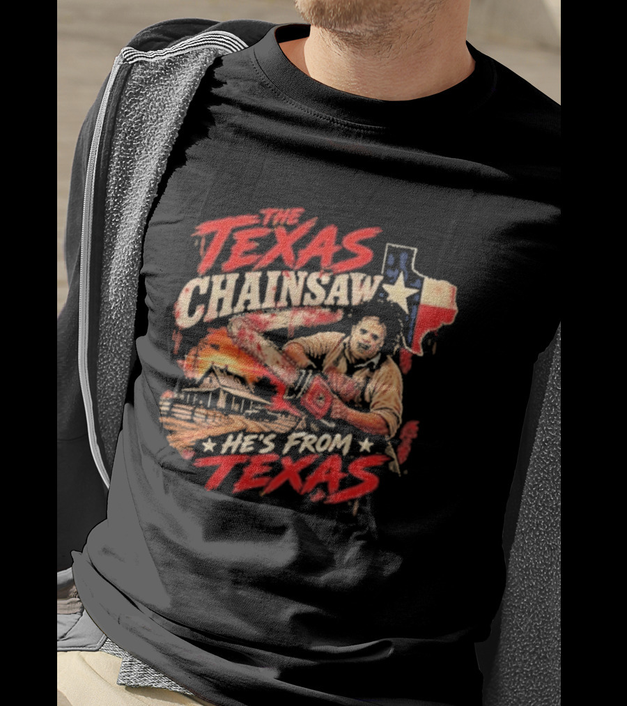 The Texas Chainsaw He's From Texas Horror Icon Chainsaw House Sunset T-Shirt