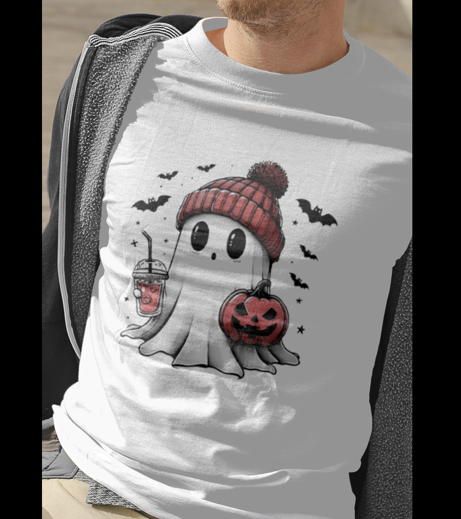 Ghost In Beanie With Pumpkin And Coffee Halloween 2026 T-Shirt