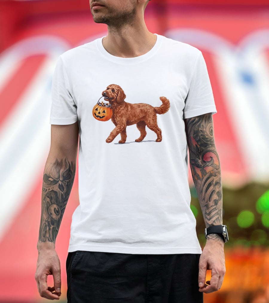 Goldendoodle Halloween Spooky Dog 2026 Pumpkin Treat Bucket T-Shirt
