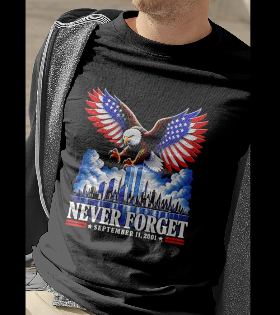 Never Forget September 11 2001 Eagle American Flag Twin Towers Memorial T-Shirt