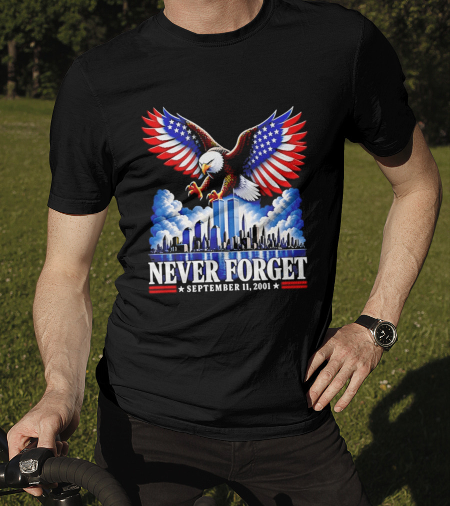 Never Forget September 11 2001 Eagle American Flag Twin Towers Memorial T-Shirt