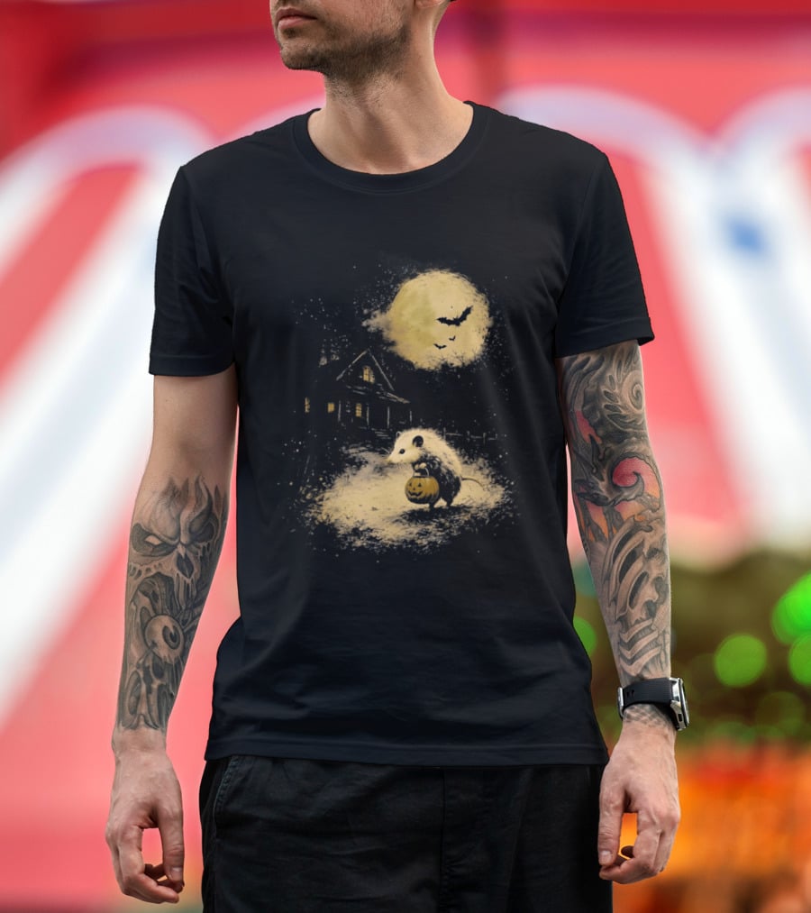 Opossum Halloween 2026 Pumpkin Spooky Moon Haunted House Scene T-Shirt