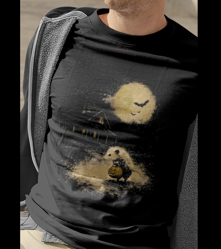 Opossum Halloween 2026 Pumpkin Spooky Moon Haunted House Scene T-Shirt