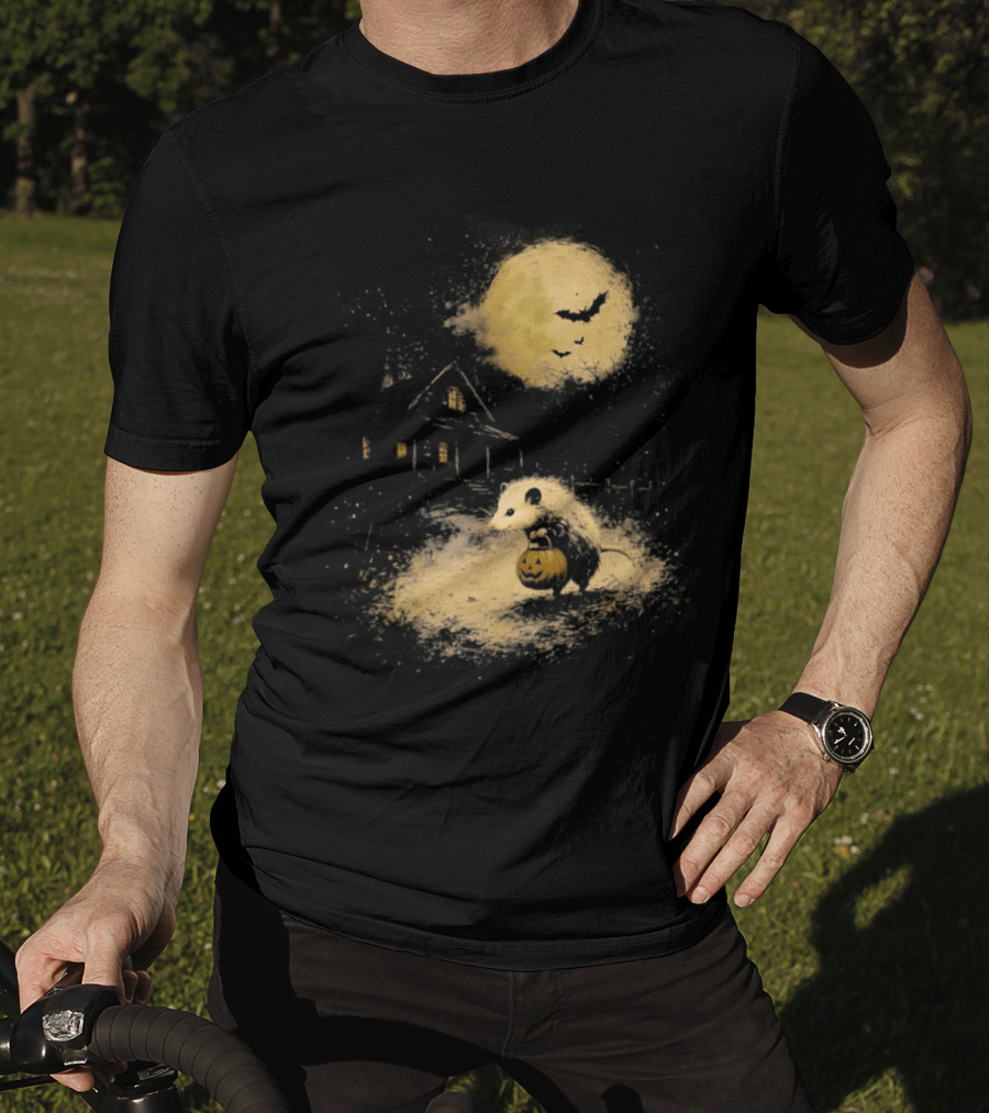 Opossum Halloween 2026 Pumpkin Spooky Moon Haunted House Scene T-Shirt