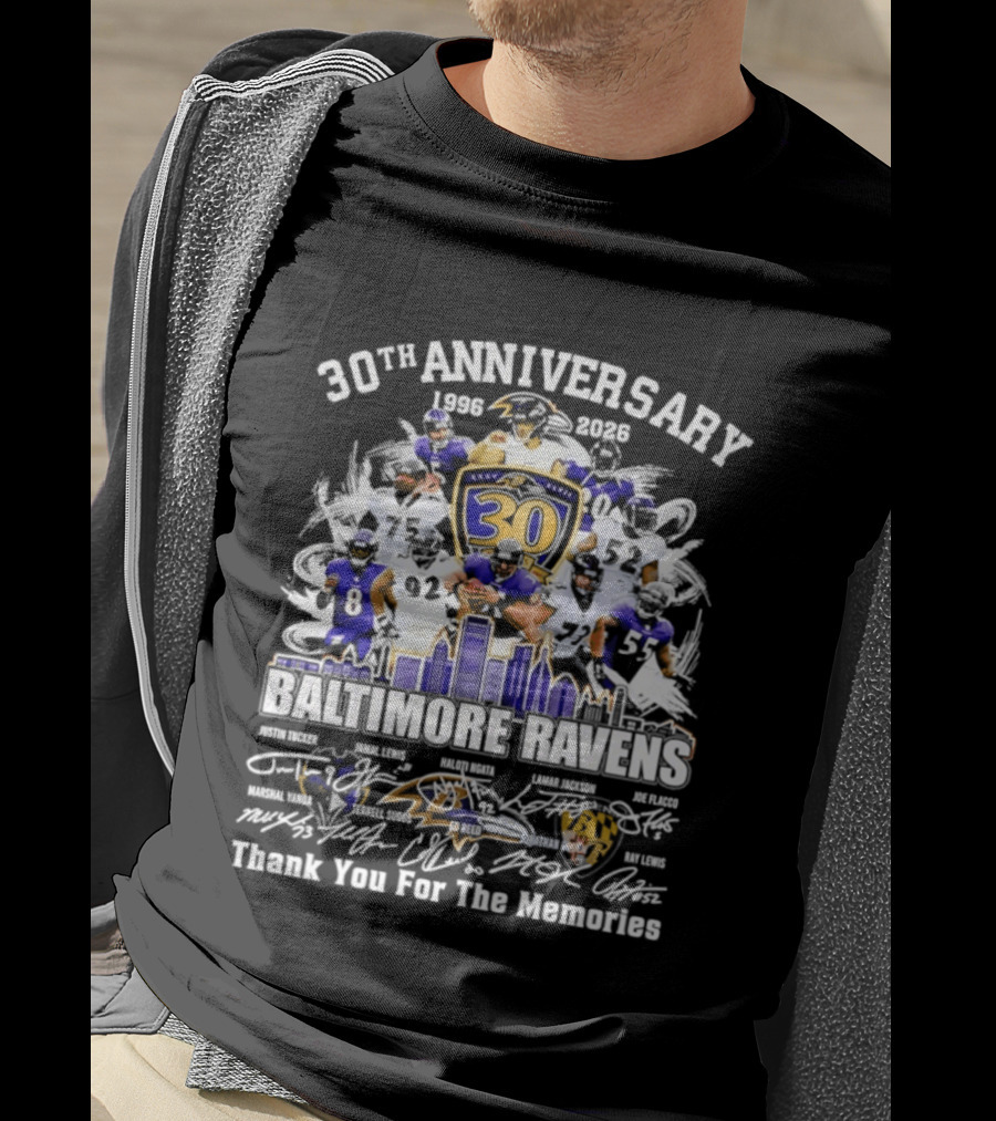 30th Anniversary Baltimore Ravens 1996 2026 Thank You For The Memories Signatures T-Shirt