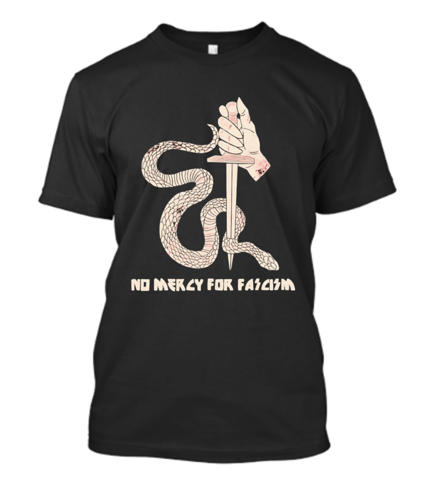 No Mercy For Fascism Snake Winding Around Dagger And Hand T-Shirt