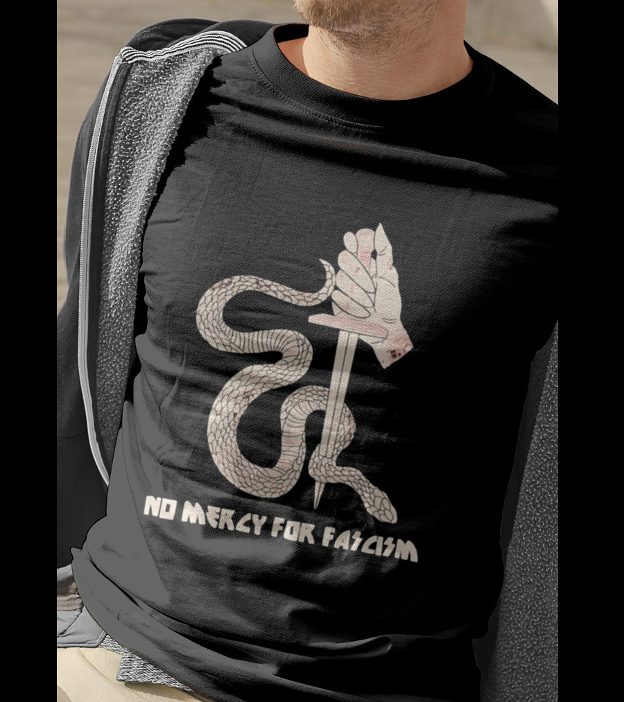 No Mercy For Fascism Snake Winding Around Dagger And Hand T-Shirt