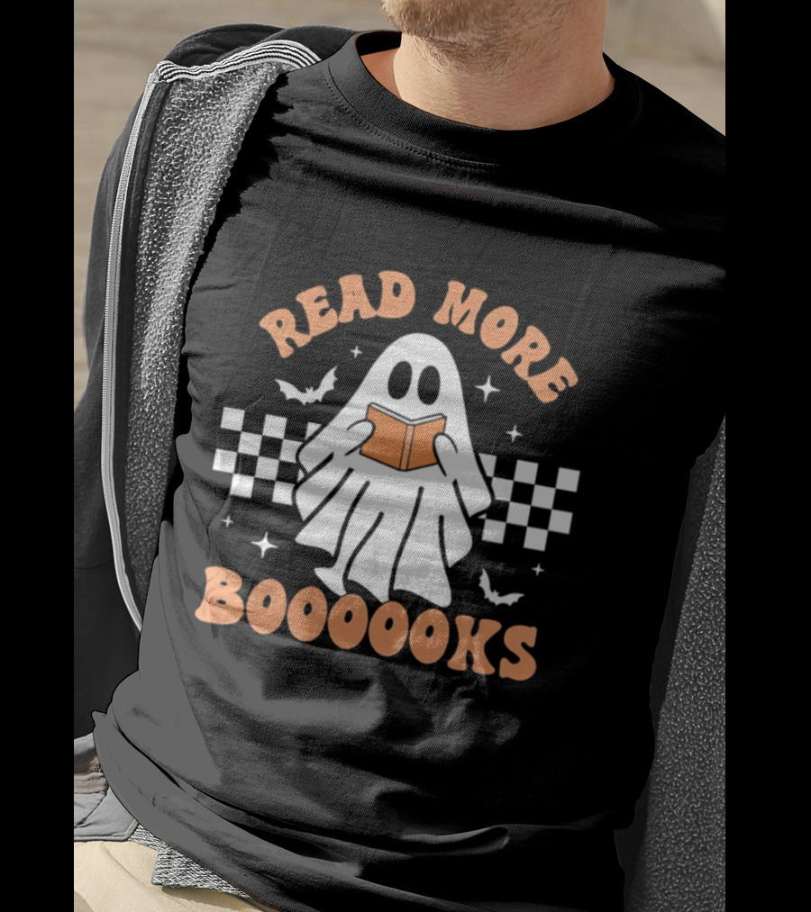 Read More Booooks Ghost Halloween Bat Checkerboard T-Shirt