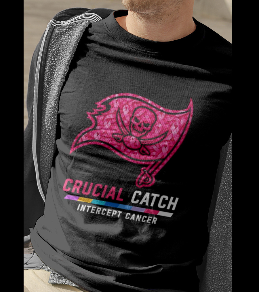 Tampa Bay Buccaneers 2026 Crucial Catch Intercept Cancer Pink Ribbon Flag T-Shirt
