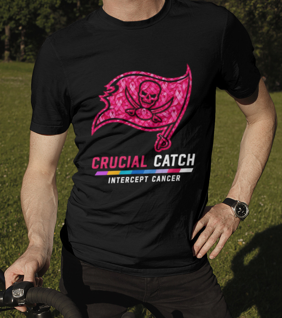 Tampa Bay Buccaneers 2026 Crucial Catch Intercept Cancer Pink Ribbon Flag T-Shirt