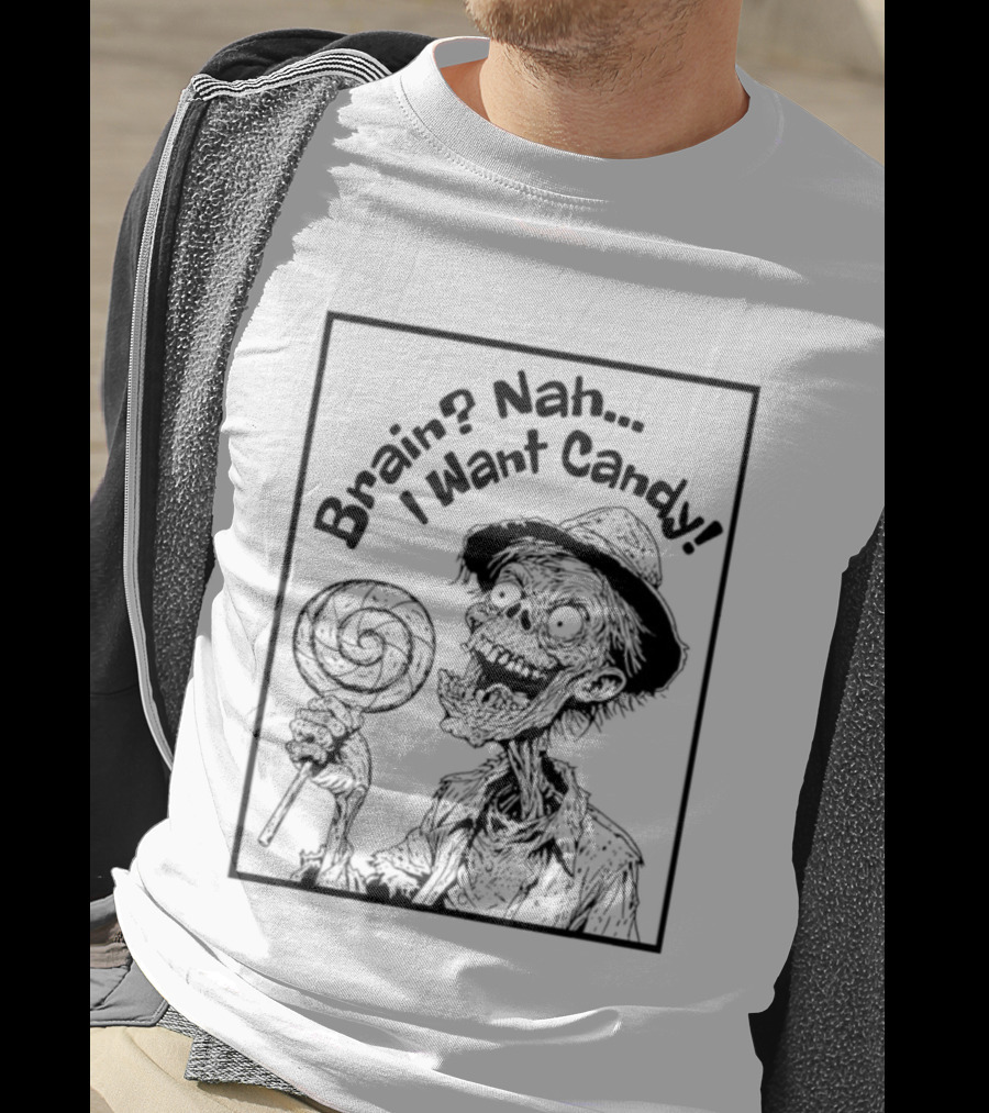 Halloween Zombie Eating Lollipop Brain Nah I Want Candy Ghost T-Shirt