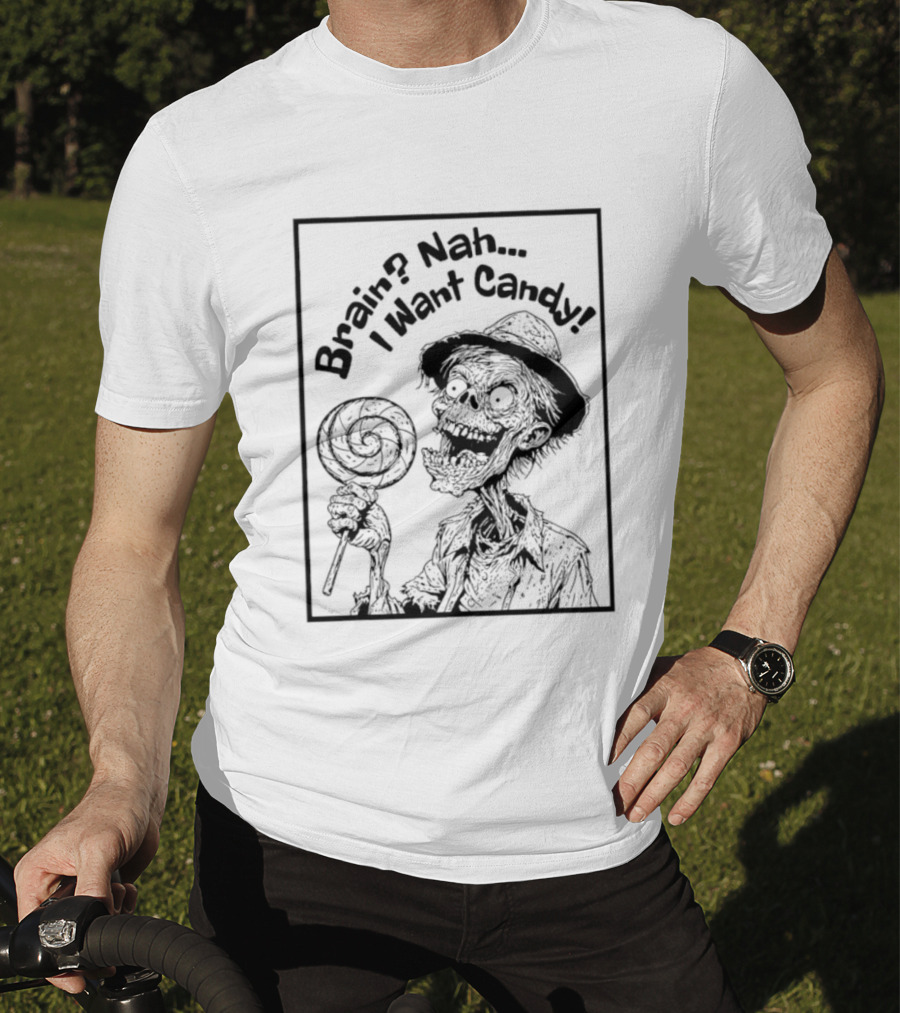 Halloween Zombie Eating Lollipop Brain Nah I Want Candy Ghost T-Shirt