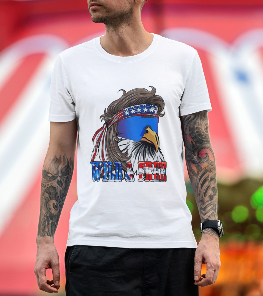 Wild And Free Bald Eagle USA Flag Bandana And Sunglasses T-Shirt