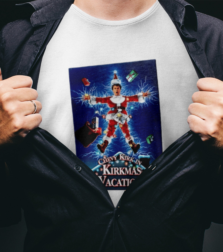 Chevy Kirk In Kirkmas Vacation Christmas Presents Lights Santa Suit Explosion T-Shirt