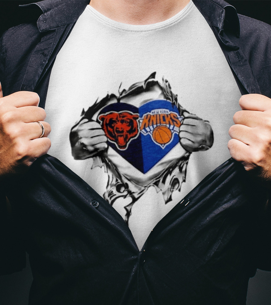Chicago Bears New York Knicks Heart Symbol Fan Pride Collaboration T-Shirt