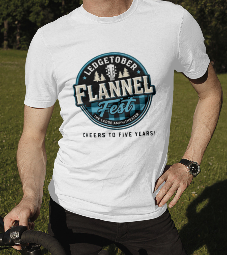 LedgeTober Flannel Fest The Ledge Amphitheater Cheers To Five Years Celebration With Trees And Guitar T-Shirt