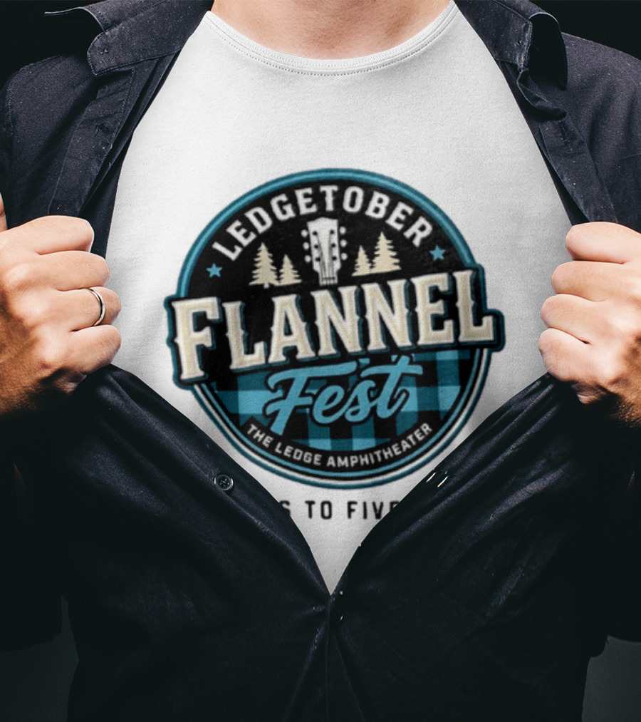 LedgeTober Flannel Fest The Ledge Amphitheater Cheers To Five Years Celebration With Trees And Guitar T-Shirt