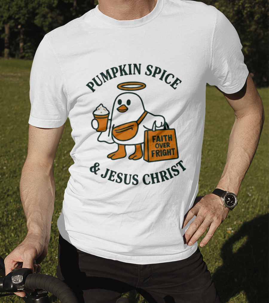 Pumpkin Spice Jesus Christ Faith Over Fright Angelic Penguin Coffee T-Shirt