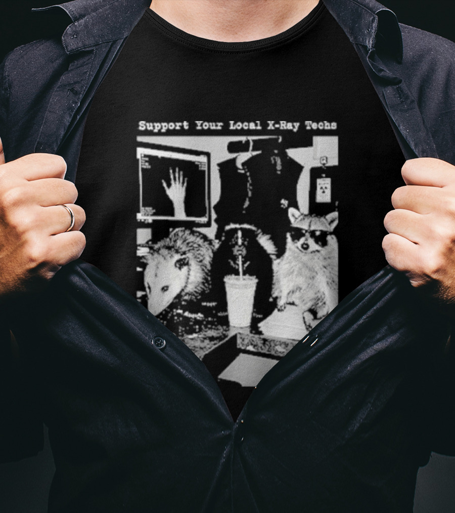 Support Your Local X Ray Techs Funny Raccoon Office Scene T-Shirt