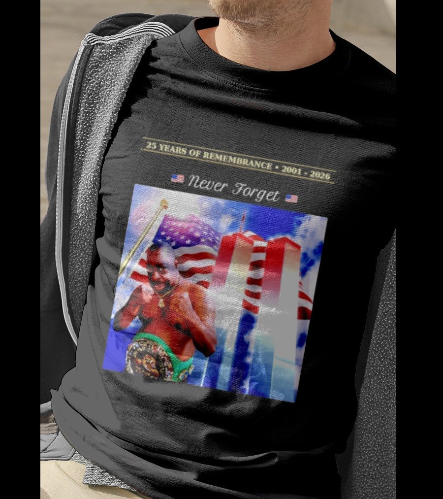 25 Years Of Remembrance 2001 2026 Beetlejuice Never Forget Twin Towers Boxing Belt American Flag T-Shirt