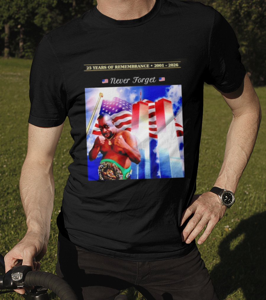 25 Years Of Remembrance 2001 2026 Beetlejuice Never Forget Twin Towers Boxing Belt American Flag T-Shirt