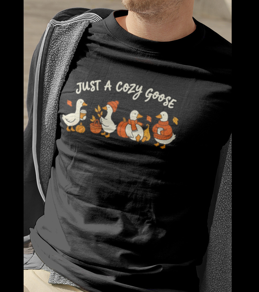 Just A Cozy Goose Fall Autumn Geese Thanksgiving Pumpkin Sweater Leaves T-Shirt