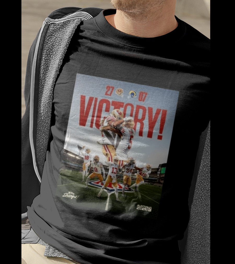 San Francisco 49ers Victory 27 07 Rams Australia 2026 Football Celebration T-Shirt