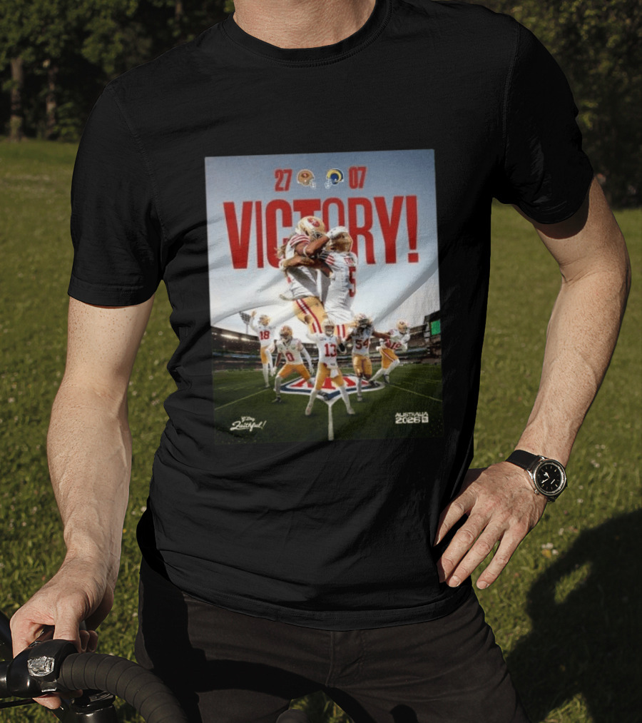 San Francisco 49ers Victory 27 07 Rams Australia 2026 Football Celebration T-Shirt