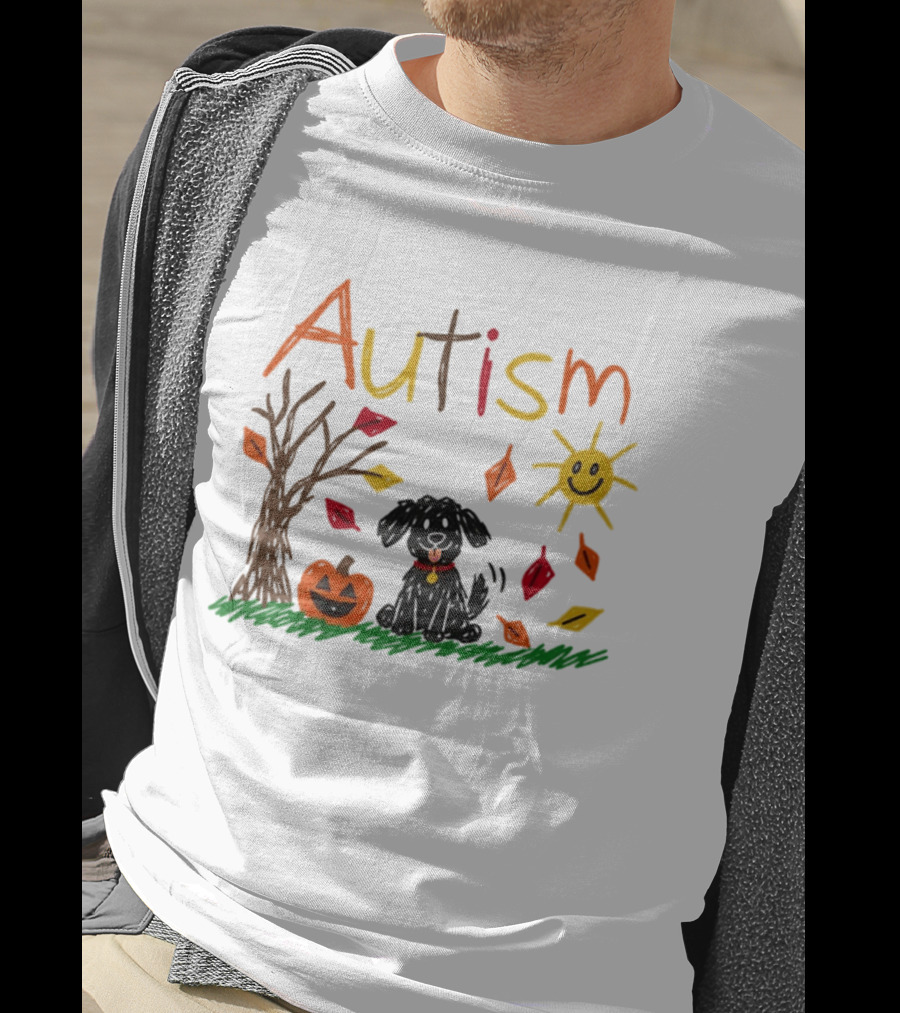 Autism Dog Pumpkin Halloween Fall Leaves Drawing T-Shirt