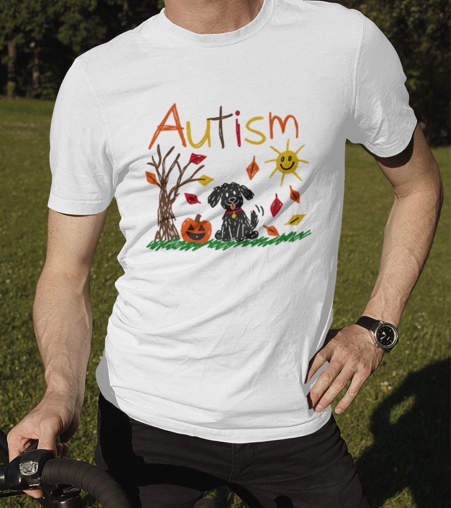 Autism Dog Pumpkin Halloween Fall Leaves Drawing T-Shirt