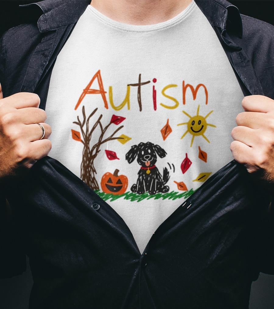 Autism Dog Pumpkin Halloween Fall Leaves Drawing T-Shirt