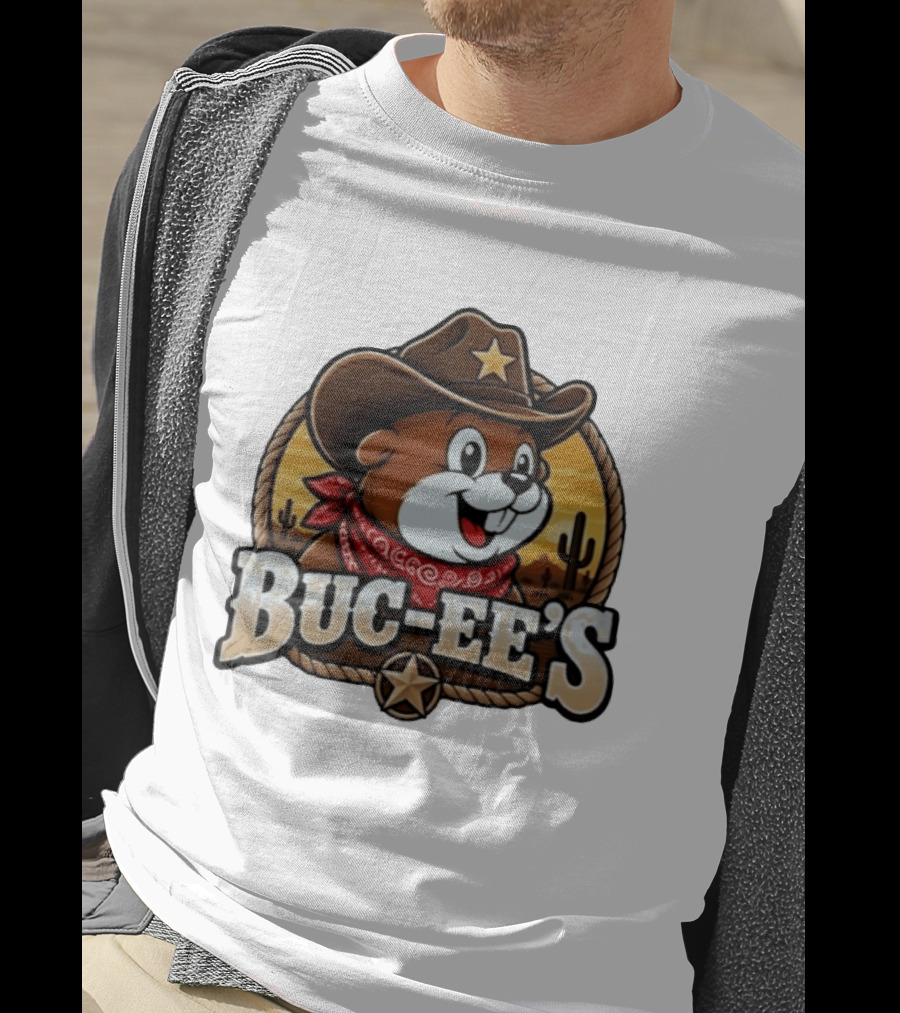 Buc Ee's Cowboy Howdy Beaver Star Bandana Cacti Desert Scene T-Shirt