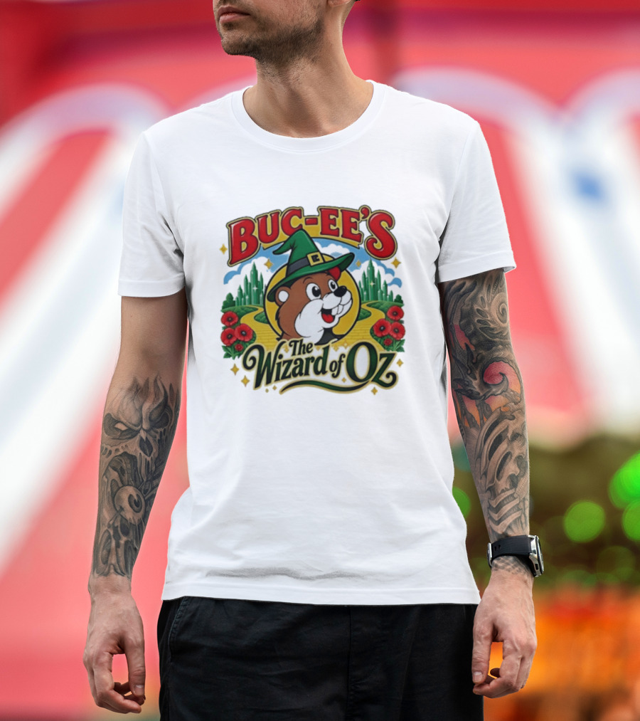 Buc Ee's The Wizard Of Oz Themed Parody With Beaver In Green Hat And Yellow Brick Road T-Shirt