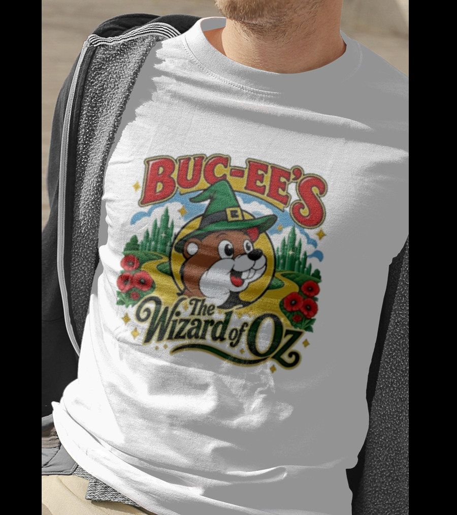 Buc Ee's The Wizard Of Oz Themed Parody With Beaver In Green Hat And Yellow Brick Road T-Shirt