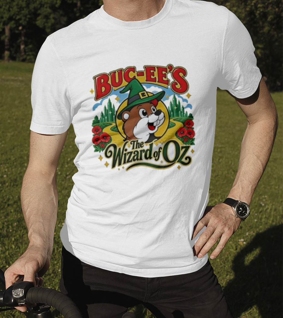 Buc Ee's The Wizard Of Oz Themed Parody With Beaver In Green Hat And Yellow Brick Road T-Shirt