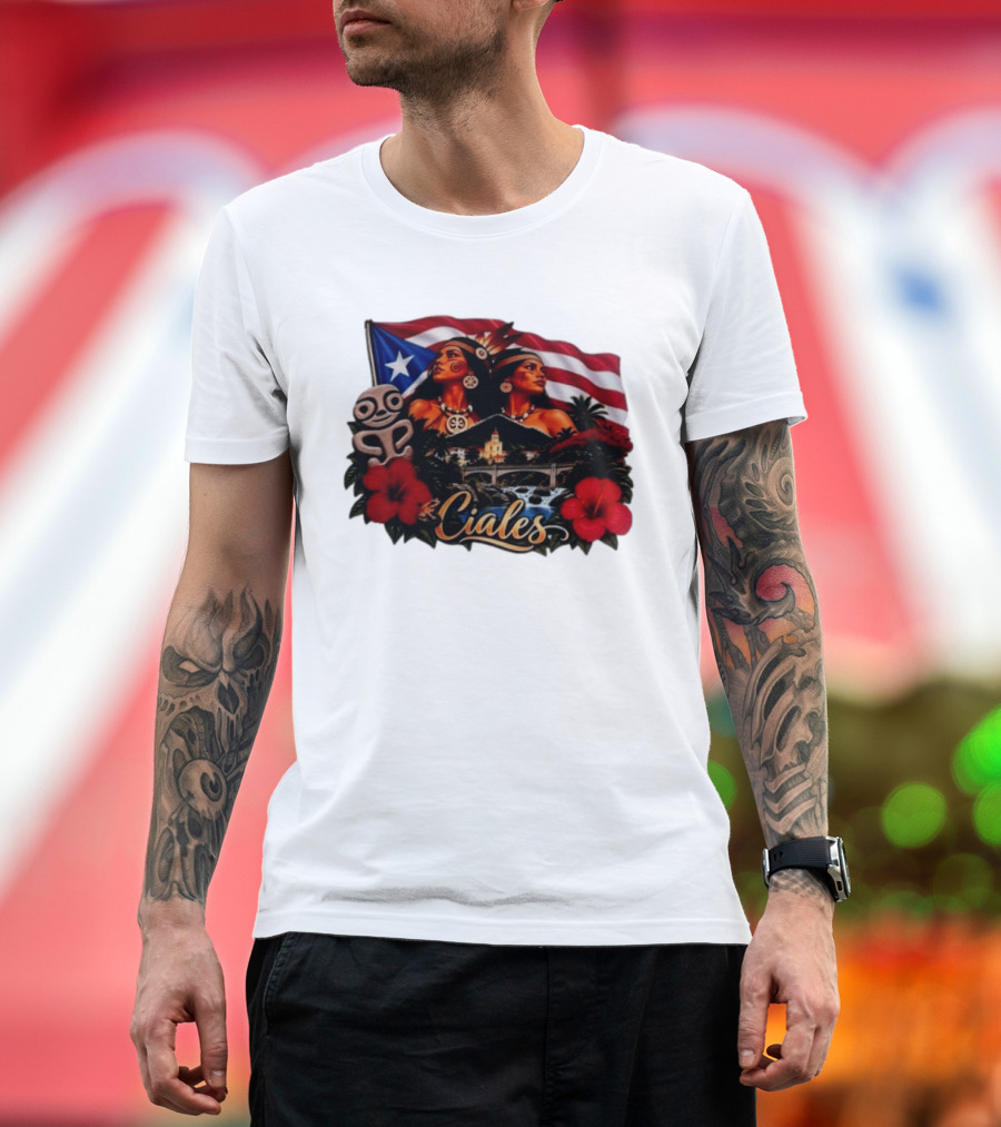 Ciales Puerto Rico Taino Women With Flag Hibiscus Flowers And Indigenous T-Shirt